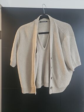 Loro Piana Beige Knit Cardigan with V-Neck Vest